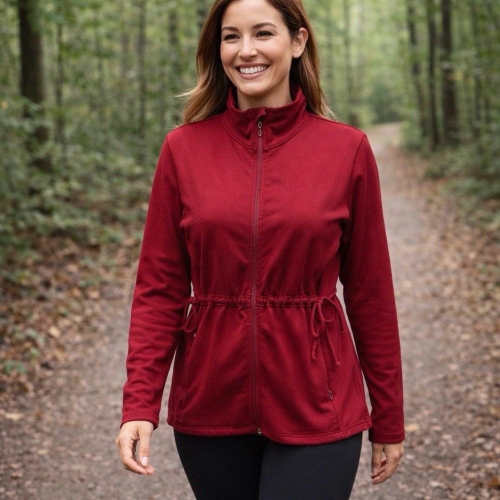 prAna Eliza Athletic Jacket Womens Medium Burgundy Cinch Waist Hike Travel Camp